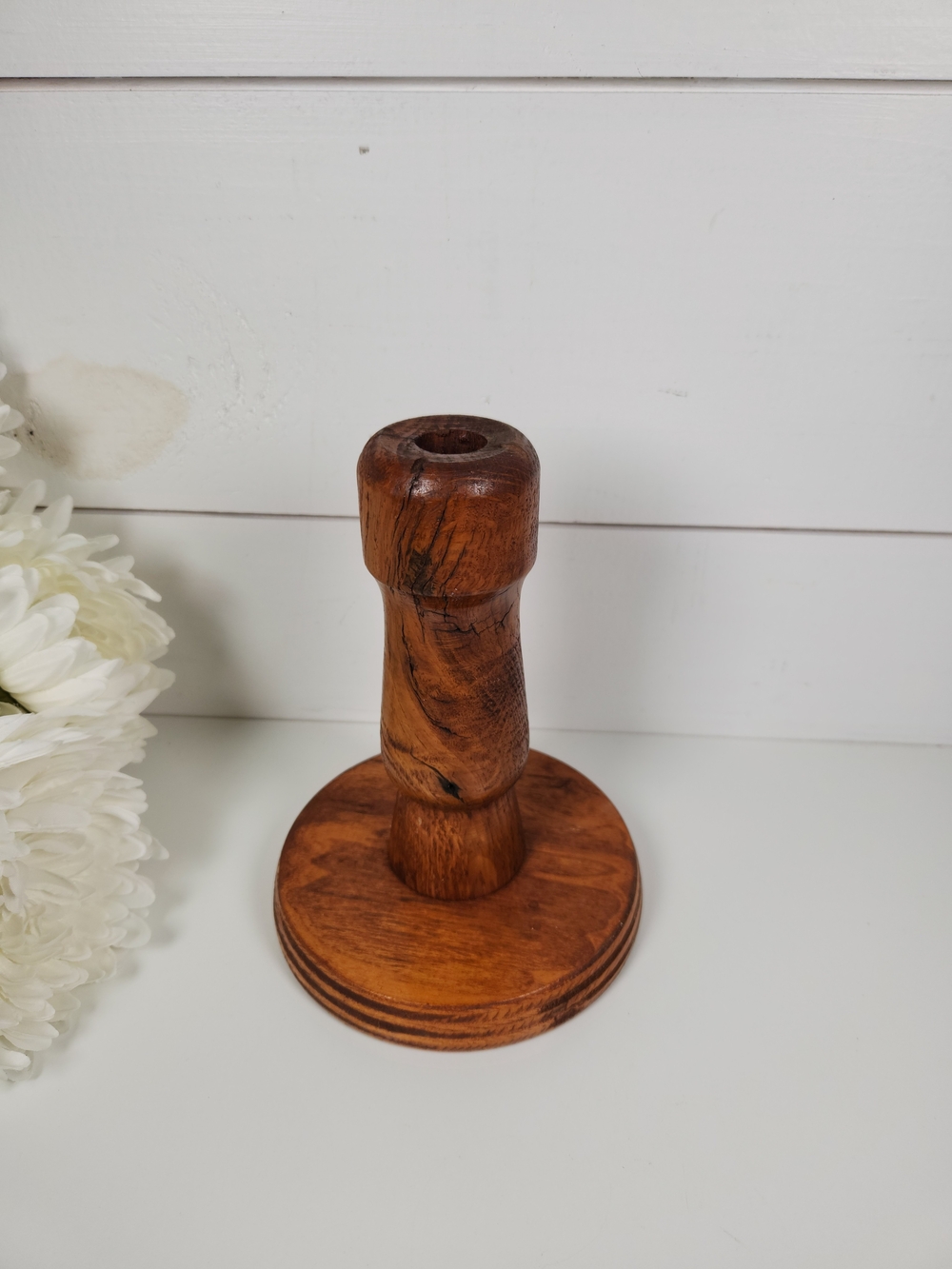 Antique Hand Turned Chunky Wood Candlestick Holder |  Rustic | Primitive Decor